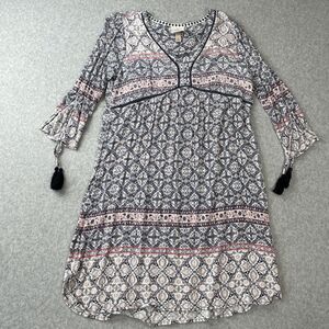 Knox Rose‎ Dress Womens Medium Boho Vneck Slit Sleeves Pink Blue Geometric